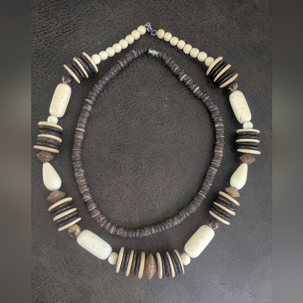 Boho Ivory and Brown Beaded Necklace - Natural Statement Pendant